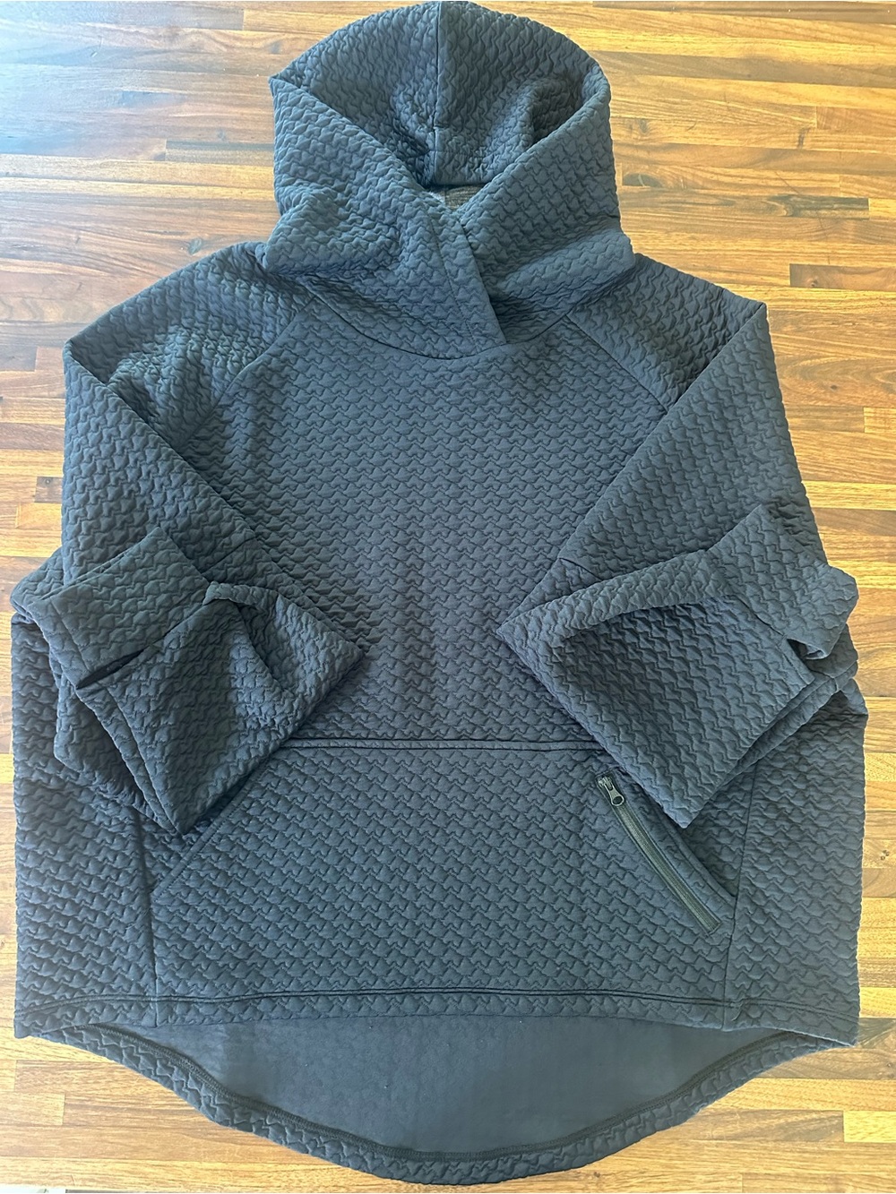 Zella Quilted Black Pullover Hoodie with Funnel Neck